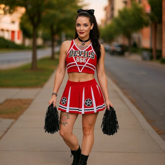 Satans Cheerleader Costume Set Red Devils 666 Top w/ Pleated Skirt & Pom Poms - Picture 1 of 10